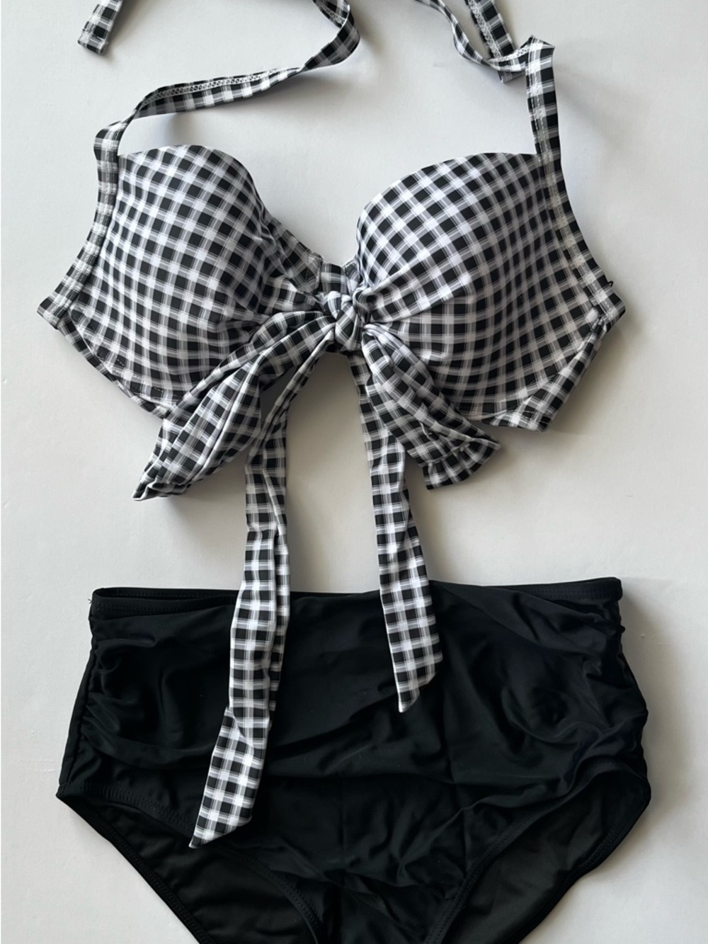 NWT Black White Gingham Bikini Set High Waisted Tie Front Halter Top Medium